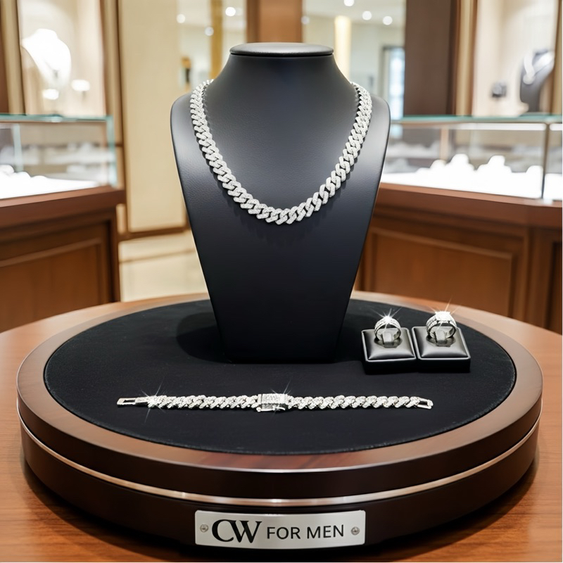 (Combo 4 món) Combo dây chuyền và lắc tay cuban đính đá tặng kèm 2 nhẫn bling cz - ver2