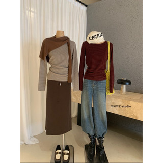 𝐏𝐡𝐢𝐞𝐧 | (Sẵn Trắng,Nâu,Xám) W8198 Áo Len Kẻ Ngang Cổ Tròn Ôm Người Dài Tay