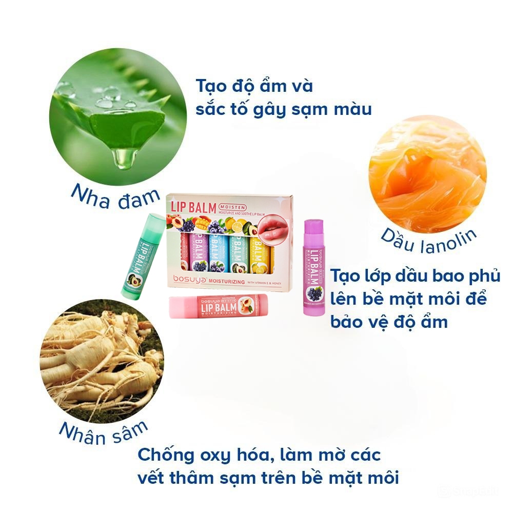 COMBO 6 Son Dưỡng Môi Trái Cây Không Màu Vaseline Bosuya Dưỡng Ẩm Sâu, Làm Mềm Mọng Môi và Hồng Môi Tự Nhiên