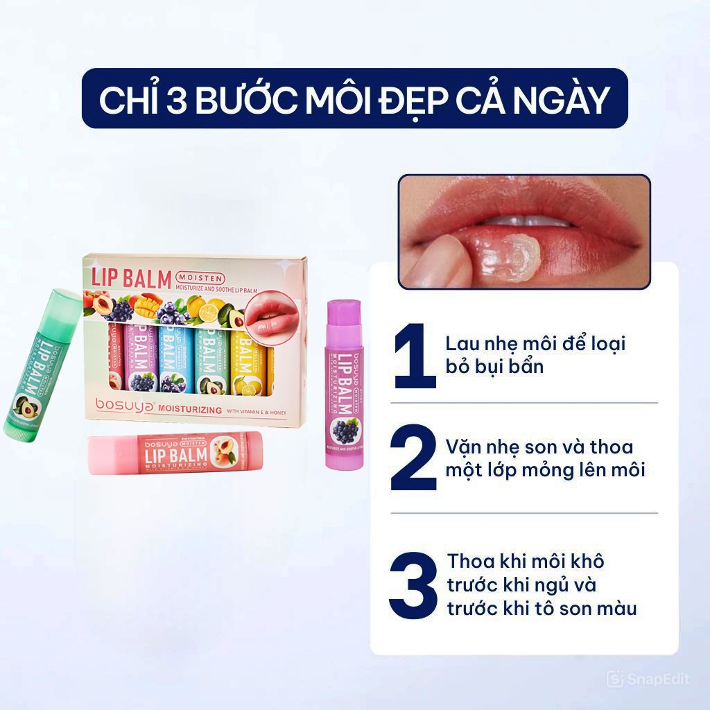 COMBO 6 Son Dưỡng Môi Trái Cây Không Màu Vaseline Bosuya Dưỡng Ẩm Sâu, Làm Mềm Mọng Môi và Hồng Môi Tự Nhiên