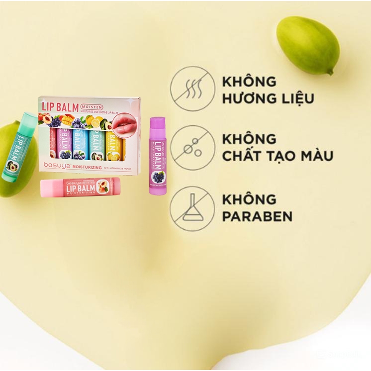 COMBO 6 Son Dưỡng Môi Trái Cây Không Màu Vaseline Bosuya Dưỡng Ẩm Sâu, Làm Mềm Mọng Môi và Hồng Môi Tự Nhiên