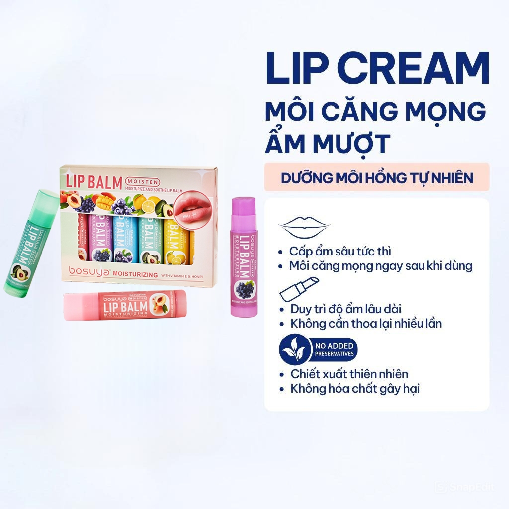 COMBO 6 Son Dưỡng Môi Trái Cây Không Màu Vaseline Bosuya Dưỡng Ẩm Sâu, Làm Mềm Mọng Môi và Hồng Môi Tự Nhiên