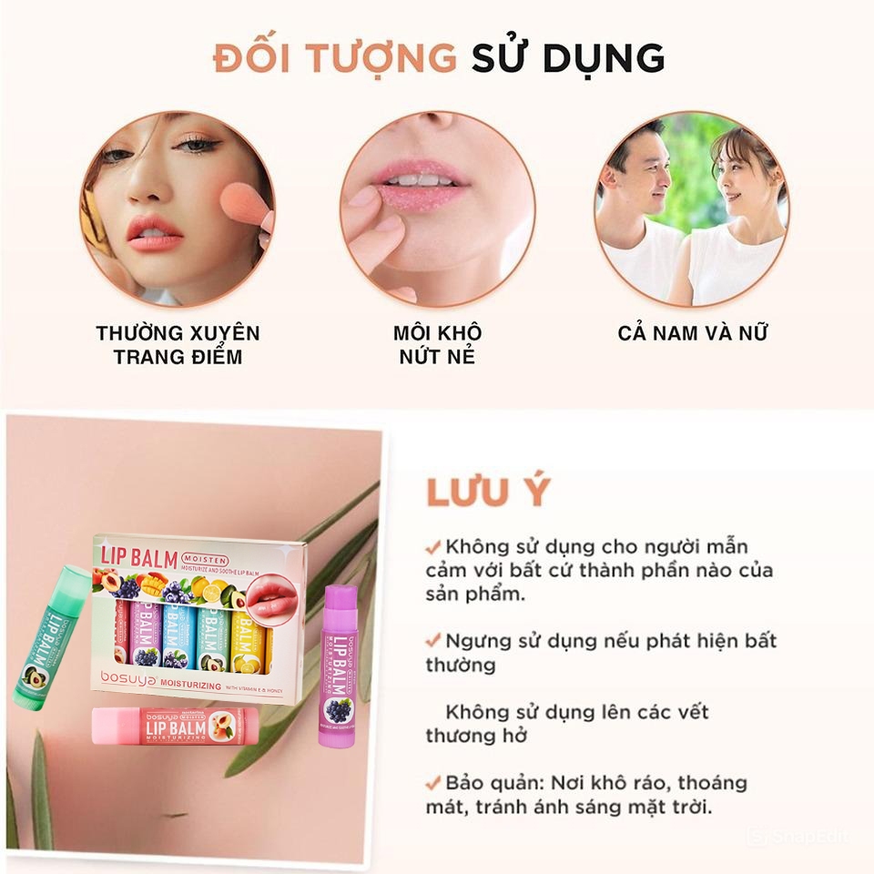 COMBO 6 Son Dưỡng Môi Trái Cây Không Màu Vaseline Bosuya Dưỡng Ẩm Sâu, Làm Mềm Mọng Môi và Hồng Môi Tự Nhiên