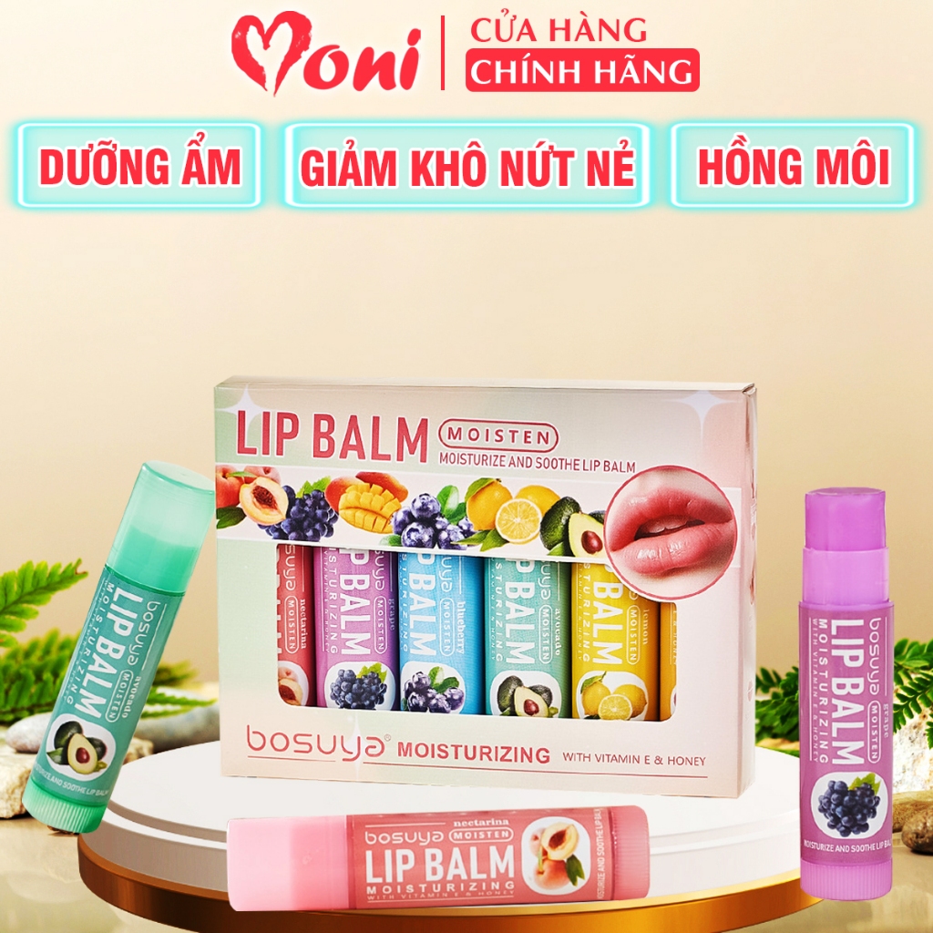BỘ 6 Son Dưỡng Môi Trái Cây Không Màu Vaseline Bosuya Dưỡng Ẩm Sâu, Làm Mềm Mọng Môi và Hồng Môi Tự Nhiên