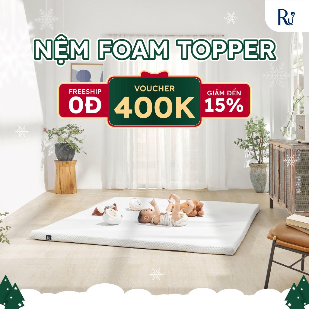 Nệm Foam Topper Ru9 Cao Cấp | 2 Lớp Foam Giúp Nâng Đỡ và Êm Ái | Dễ Dàng Di Chuyển | 7 Kích Thước | 1m2, 1m4, 1m6, 1m8
