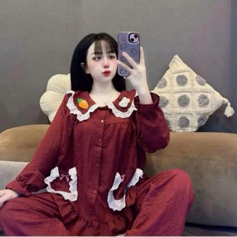Bộ Đồ Mặc Nhà Charm Thỏ Cà Rốt 2 Túi Ren Chất Vải Đũi Mặc Mềm Mịn Cho Nàng