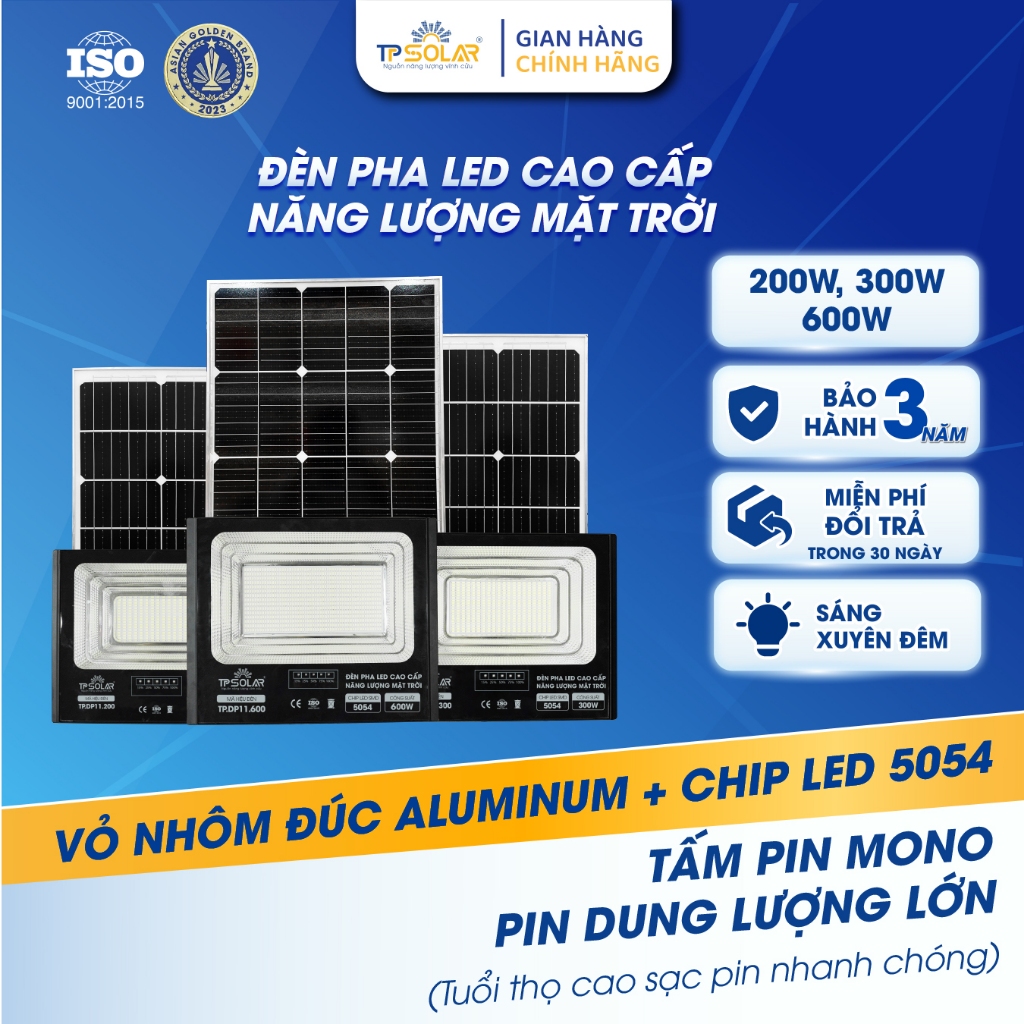 Đèn Pha Năng Lượng Mặt Trời Cao Cấp TP SOLAR Công Suất 200W, 300W, 600W Chiếu Sáng 100-300m2 Vỏ Nhôm Đúc, Sáng Xuyên Đêm