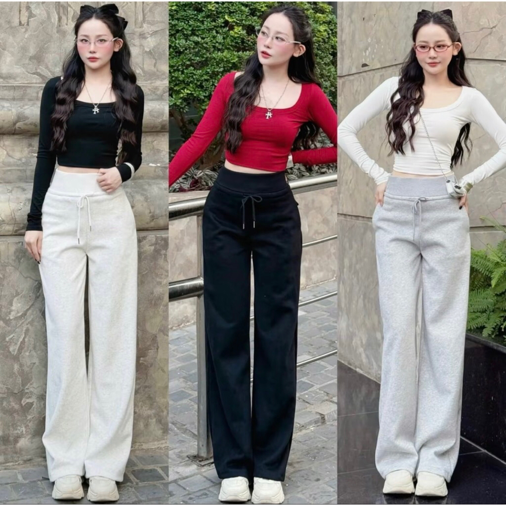Quần Nỉ Ống Rộng Nữ Cạp Cao Bản Lưng To Vải Nỉ Ép 2 Da Dày Dặn