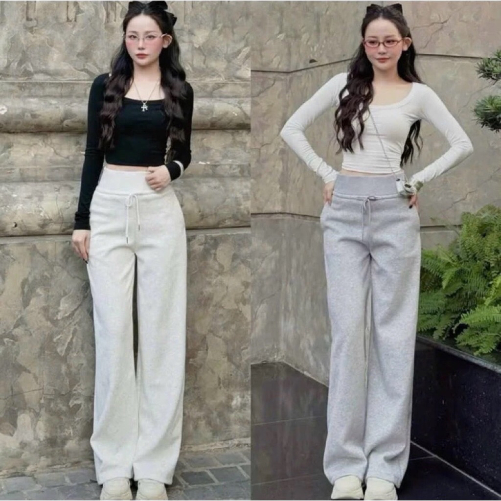 Quần Nỉ Ống Rộng Nữ Cạp Cao Bản Lưng To Vải Nỉ Ép 2 Da Dày Dặn