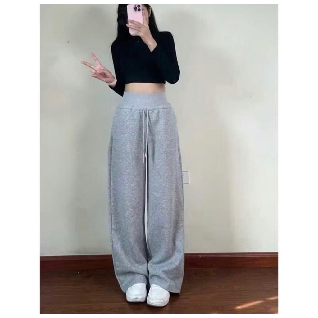 Quần Nỉ Ống Rộng Nữ Cạp Cao Bản Lưng To Vải Nỉ Ép 2 Da Dày Dặn