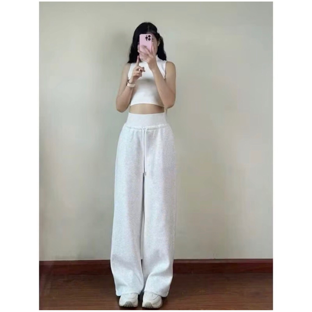 Quần Nỉ Ống Rộng Nữ Cạp Cao Bản Lưng To Vải Nỉ Ép 2 Da Dày Dặn