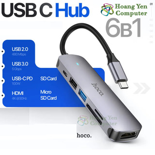 Hub Chuyển Đổi Hoco HB28 6in1 Type-C 60W – HDTV 4K, USB3.0, SD/TF – BH 1 Năm – Hoàng Yến Computer