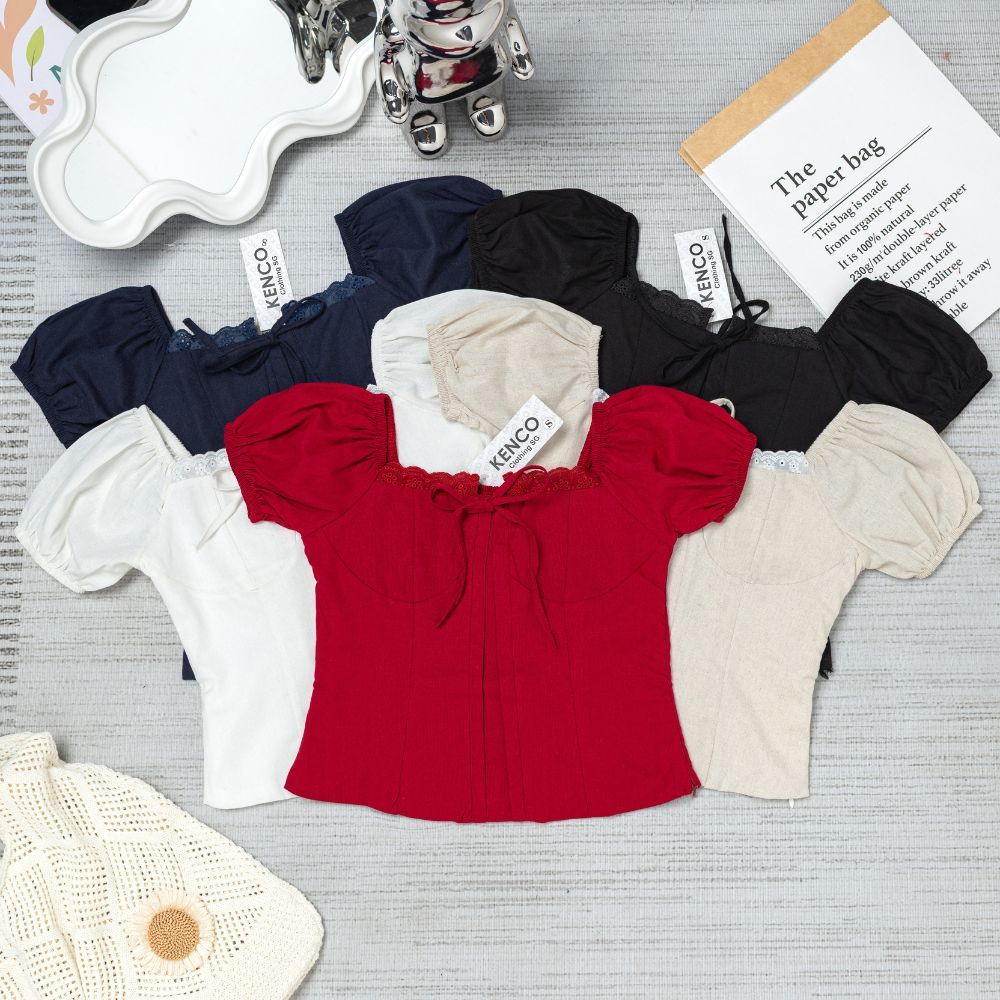 Áo Kiểu Linen Viền Ren Tay Bo - Rattit Top MA 3780 - SamHi Closet