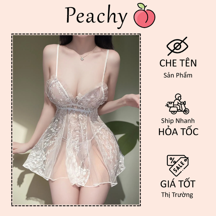 Đầm ngủ 2 dây ren xuyên thấu phối hoa dễ thương gợi cảm váy tiểu thư