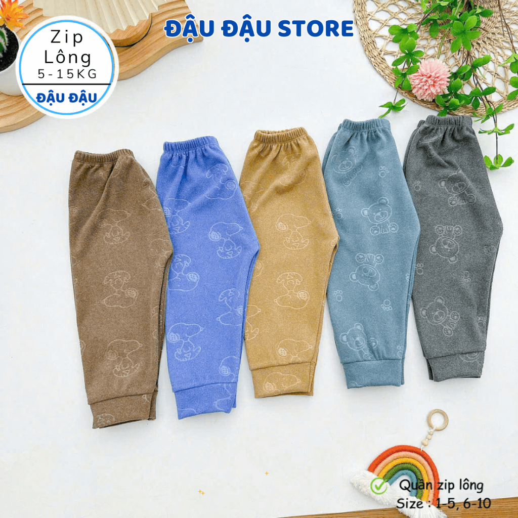 (Loại Đẹp) Set 3-5 Quần Zip Lông Vân Chìm Thu Đông Ấm Áp, Dày Dặn Cho Bé Sơ Sinh 5-15kg QZIL03 Đậu Đậu Store