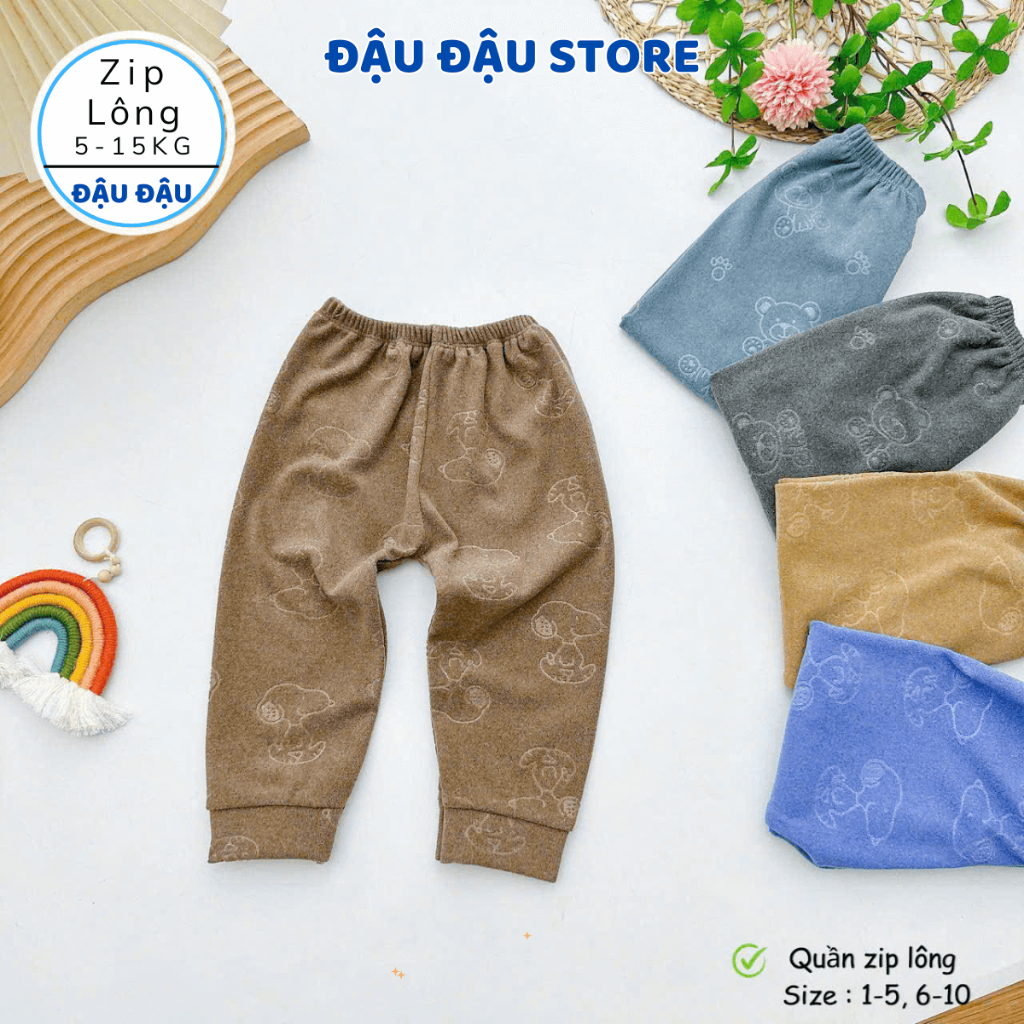 (Loại Đẹp) Set 3-5 Quần Zip Lông Vân Chìm Thu Đông Ấm Áp, Dày Dặn Cho Bé Sơ Sinh 5-15kg QZIL03 Đậu Đậu Store