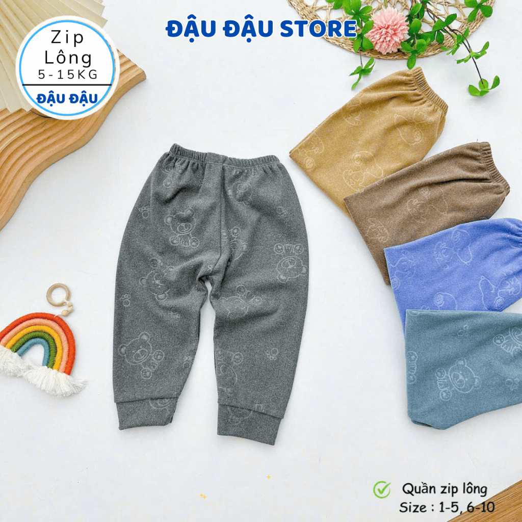 (Loại Đẹp) Set 3-5 Quần Zip Lông Vân Chìm Thu Đông Ấm Áp, Dày Dặn Cho Bé Sơ Sinh 5-15kg QZIL03 Đậu Đậu Store