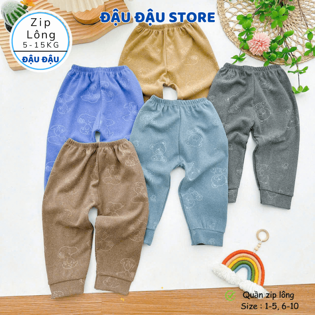 (Loại Đẹp) Set 3-5 Quần Zip Lông Vân Chìm Thu Đông Ấm Áp, Dày Dặn Cho Bé Sơ Sinh 5-15kg QZIL03 Đậu Đậu Store