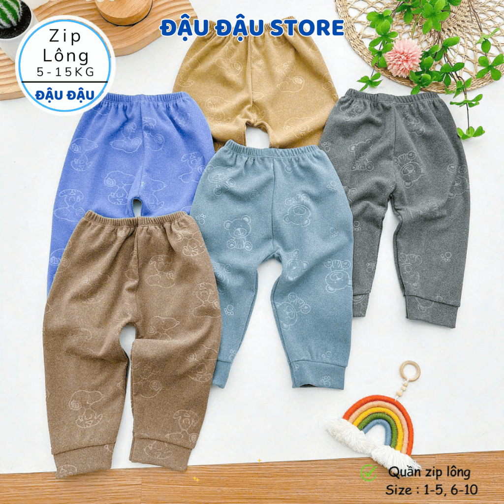(Loại Đẹp) Set 3-5 Quần Zip Lông Vân Chìm Thu Đông Ấm Áp, Dày Dặn Cho Bé Sơ Sinh 5-15kg QZIL03 Đậu Đậu Store