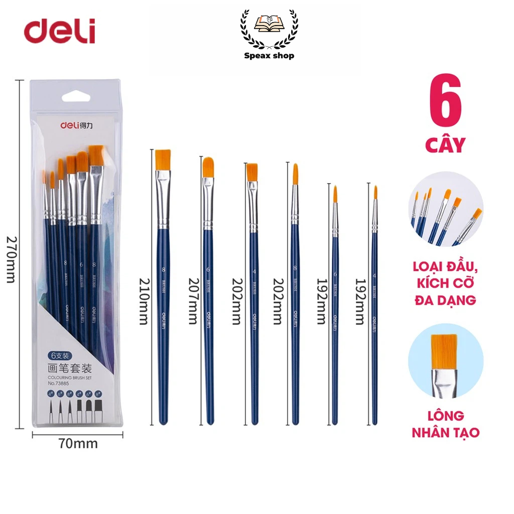 Deli Bộ Cọ Vẽ Màu Nước 4/6 Cây, Lông Tổng Hợp Mềm, Thân Gỗ  Dùng Cho Màu Nước, Màu Bột & Sơn Acrylic