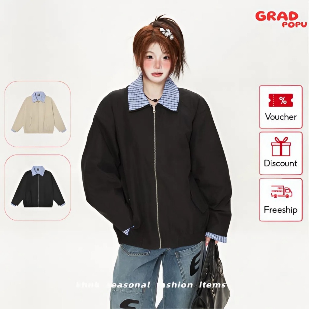 Áo khoác nữ GRADPOPU cổ vá kẻ karo cao cấp phong cách Mỹ dáng rộng thời trang thường ngày AK263