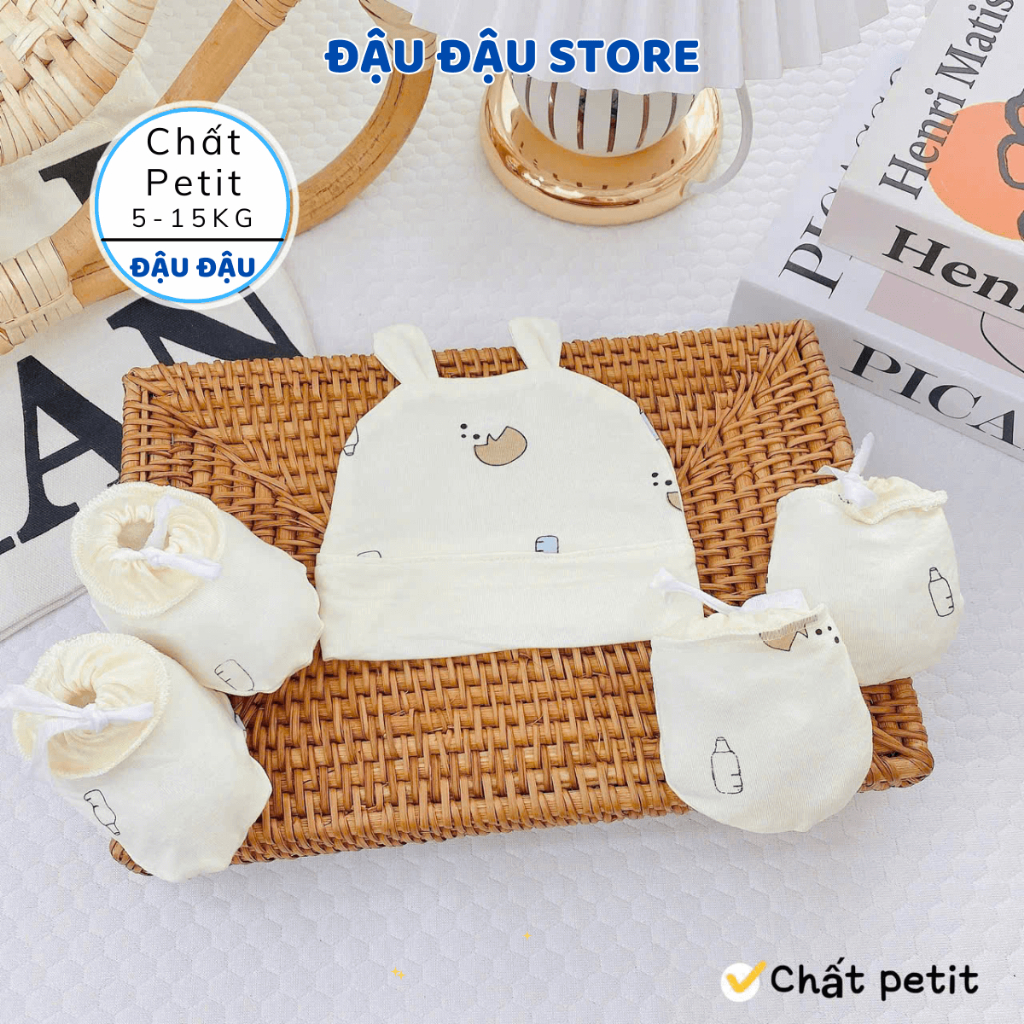 Set Mũ Bao Tay Bao Chân Thun Petit DÂY RÚT Cho Bé mềm mịn thoáng mát co giãn in họa tiết - Đậu Đậu Store