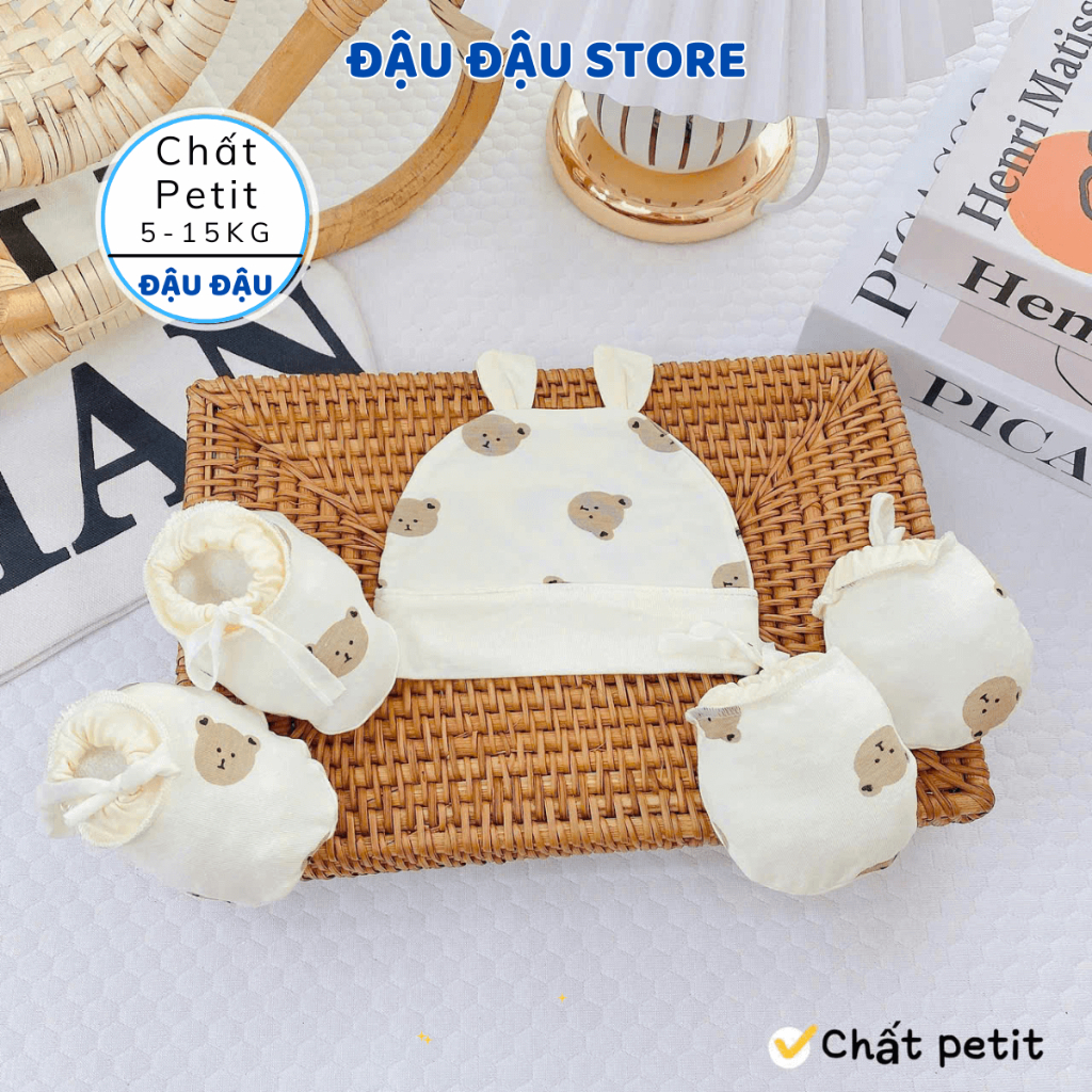 Set Mũ Bao Tay Bao Chân Thun Petit DÂY RÚT Cho Bé mềm mịn thoáng mát co giãn in họa tiết - Đậu Đậu Store
