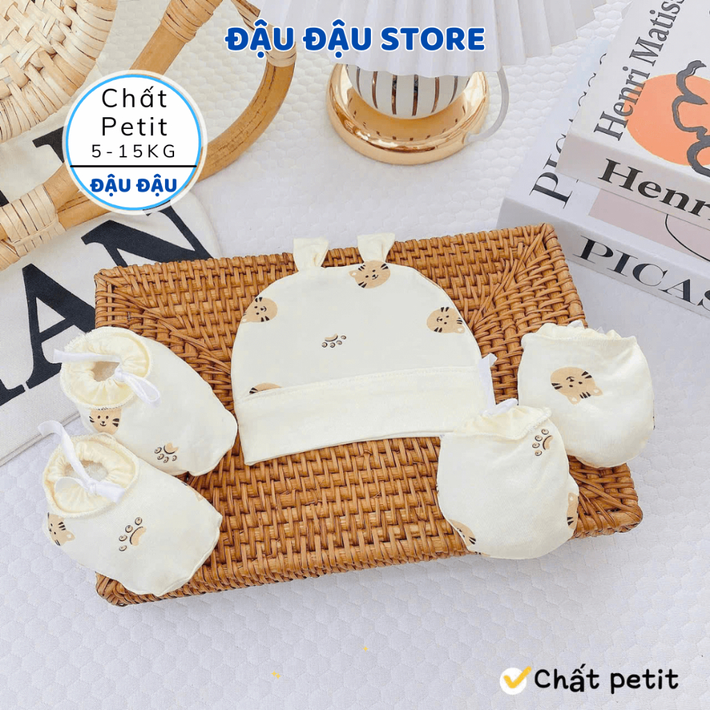 Set Mũ Bao Tay Bao Chân Thun Petit DÂY RÚT Cho Bé mềm mịn thoáng mát co giãn in họa tiết - Đậu Đậu Store