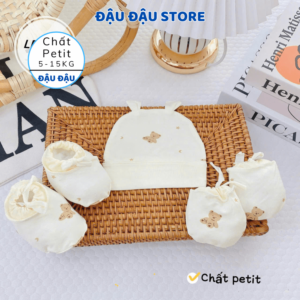 Set Mũ Bao Tay Bao Chân Thun Petit DÂY RÚT Cho Bé mềm mịn thoáng mát co giãn in họa tiết - Đậu Đậu Store