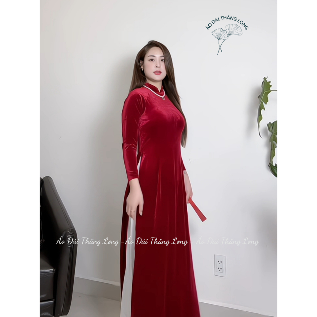 Áo dài nhung dáng suông cổ trụ ,dáng truyền thống mặc dịp tết, đi chơi - Áo Dài Thăng Long