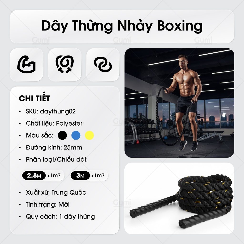 Dây Nhảy Boxing Gym - Tập Thể Lực Nặng 1.2kg, Dài 2m8 - Dây Nhảy Tăng Cơ, HIIT, Cardio - DN09