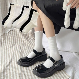 Combo 10 Đôi Tất Nữ Cổ Cao Viền Hoa Xếp Ly, Chất Cotton Co Giãn, Thoáng Khí, Phong Cách Dễ Thương