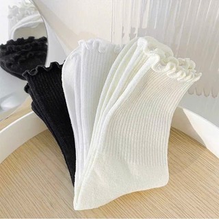 Combo 10 Đôi Tất Nữ Cổ Cao Viền Hoa Xếp Ly, Chất Cotton Co Giãn, Thoáng Khí, Phong Cách Dễ Thương