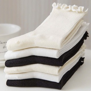 Combo 10 Đôi Tất Nữ Cổ Cao Viền Hoa Xếp Ly, Chất Cotton Co Giãn, Thoáng Khí, Phong Cách Dễ Thương