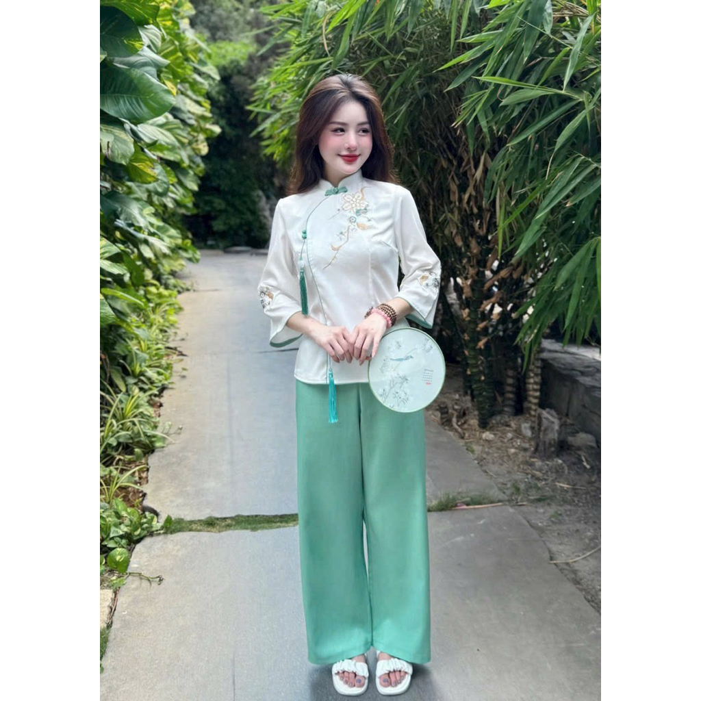 Bộ Pháp Phục Đũi Cham Cổ Tàu - Pháp Phục Đũi Charm Cổ Tàu Thêm Hoa 3 Chi Tiết
