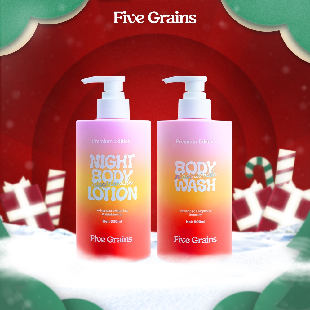 Combo dưỡng trắng da body sữa tắm, kem dưỡng ban đêm Five Grains Niacinamide, Alpha-Arbutin 500ml