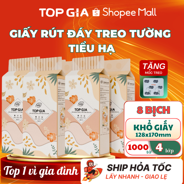 Thùng 8 Bịch Khăn giấy treo tường rút đáy TopGia Tiểu Hạ 1000 tờ x 4 lớp dày dặn mềm mịn