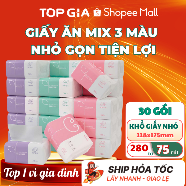 Giấy ăn rút TOPGIA thùng 30 gói Mix 3 màu 4 lớp cao cấp tiện lợi cho gia đình