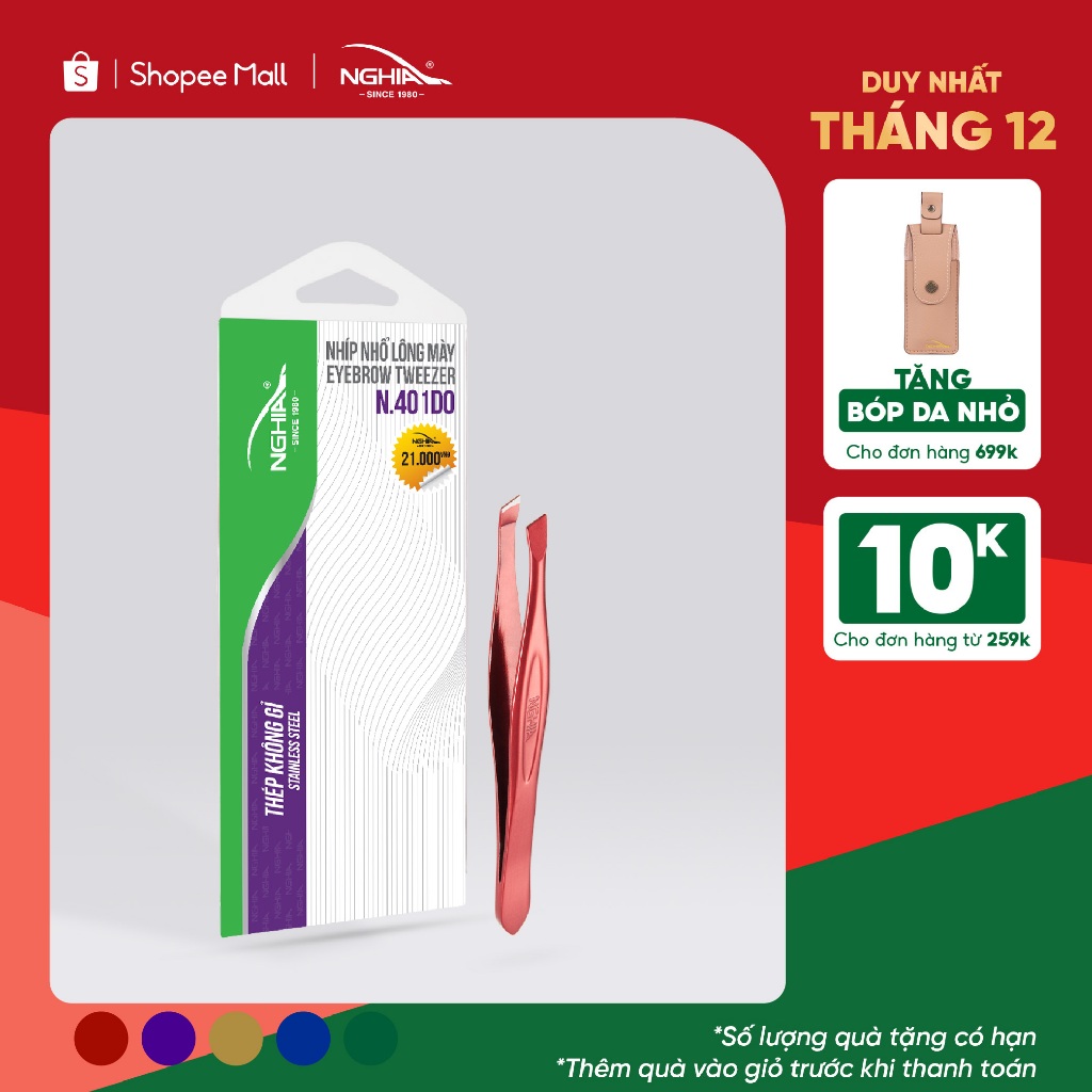 Nhíp Nhổ Lông Mày, Lông Mũi, Lông Nách, Tóc Bạc Inox KỀM NGHĨA N.401 - Đầu Xéo - 4 Màu