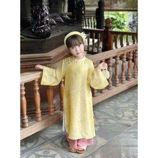 Set 3 món kèm QUẦN tặng Bờm áo dài cách tân bé gái chất gấm màu vàng, áo dài tết cho bé gái size 10-40kg