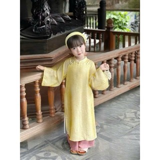 Set 3 món kèm QUẦN tặng Bờm áo dài cách tân bé gái chất gấm màu vàng, áo dài tết cho bé gái size 10-40kg