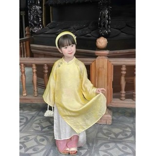 Set 3 món kèm QUẦN tặng Bờm áo dài cách tân bé gái chất gấm màu vàng, áo dài tết cho bé gái size 10-40kg