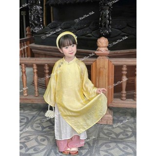 Set 3 món kèm QUẦN tặng Bờm áo dài cách tân bé gái chất gấm màu vàng, áo dài tết cho bé gái size 10-40kg