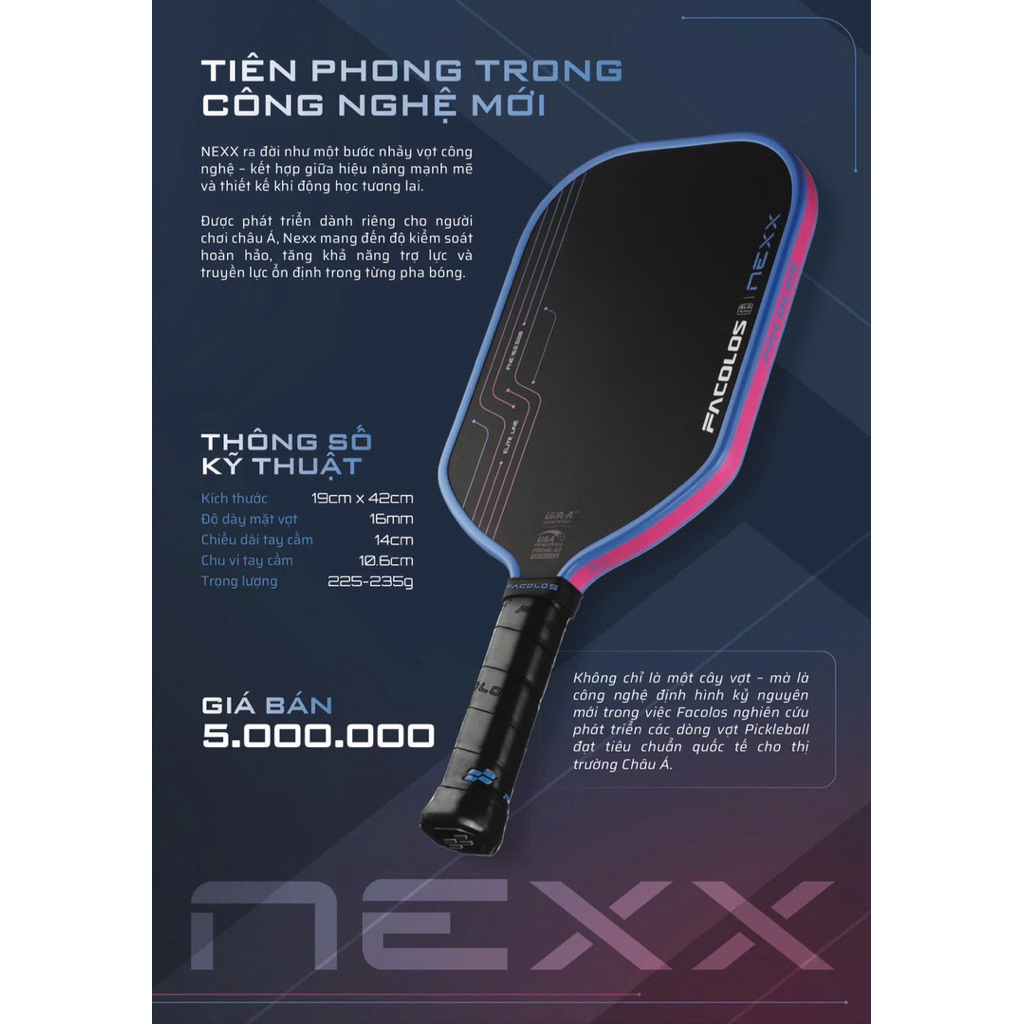 ✅ [Ship Hoả Tốc] Vợt Pickleball Facolos NEXX 16mm trendy đầy cá tính - chính hãng - Carbon Foam Eva T700 raw
