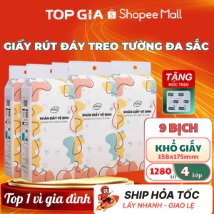 Khăn giấy cao cấp TopGia Đa Sắc 9 bịch, giấy rút treo tường 1280 tờ 4 lớp bằng bột gỗ nguyên sinh