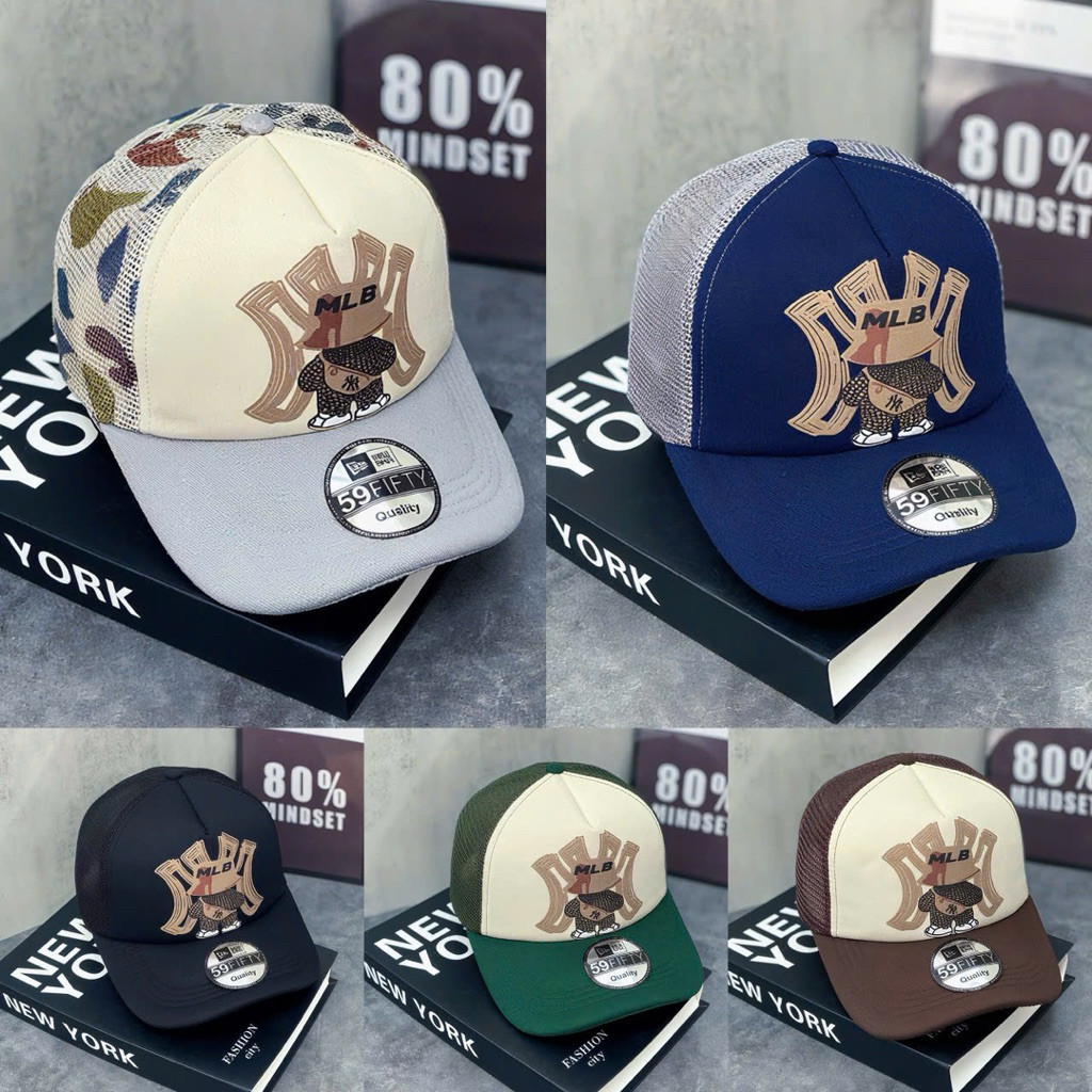 Mũ kết N-Y phối lưới xịn - Nón lưỡi trai logo in chú gấu nhỏ ml-b thời trang nam nữ cao cấp