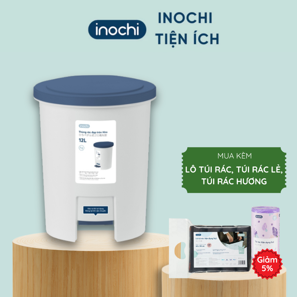 Thùng rác đạp tròn Hiro INOCHI siêu xinh, kháng khuẩn 6L và 12L nhiều màu