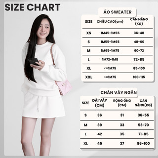 Set Bộ Nỉ Trơn Nữ Thu Đông CHEPOL Cổ Tròn, In Chữ, Chất Nỉ Chân Cua Cao Cấp, Dày Dặn (Áo Sweater Trắng + Chân Váy Trắng)