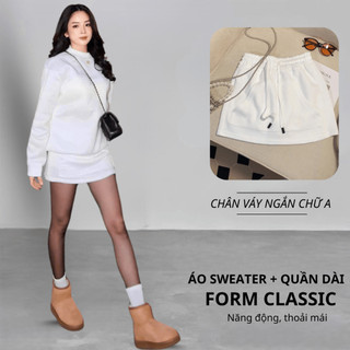 Set Bộ Nỉ Trơn Nữ Thu Đông CHEPOL Cổ Tròn, In Chữ, Chất Nỉ Chân Cua Cao Cấp, Dày Dặn (Áo Sweater Trắng + Chân Váy Trắng)