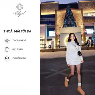 Set Bộ Nỉ Trơn Nữ Thu Đông CHEPOL Cổ Tròn, In Chữ, Chất Nỉ Chân Cua Cao Cấp, Dày Dặn (Áo Sweater Trắng + Chân Váy Trắng)
